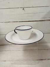 Vintage KER Sweden Enamel Cup & Plate Set – White with Blue Rim Rustic Farmhouse