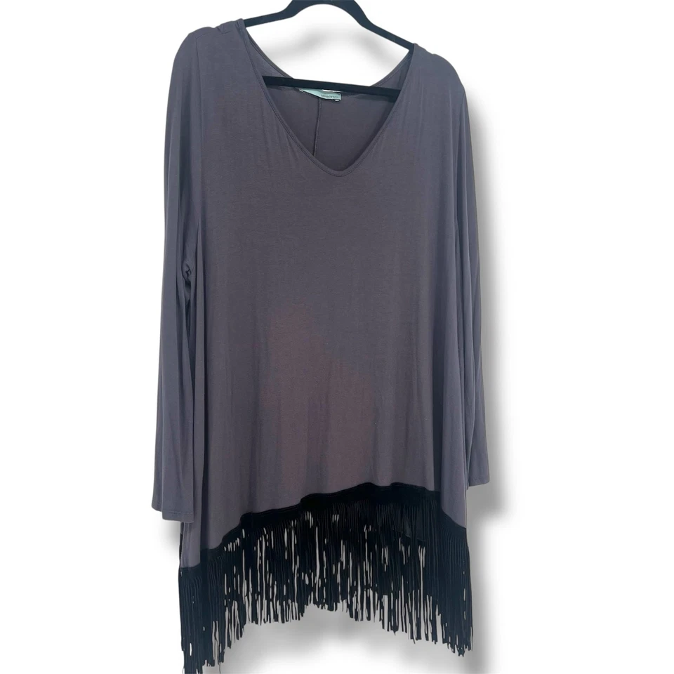 Top túnica para mujer CHATOYANT gris pizarra con flecos 3X Western Whimsigoth Rodeo Foto 2 de 4