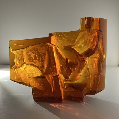 Prof Jan Cerny Tschechische Kunst Glas Stierkämpfer Matador Stier Orange Mid Century