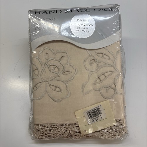 A PAIR OF BEIGE COTTON SALZBURG HAND MADE LACE PILLOWCASES KING SIZE. NEW - Picture 1 of 7