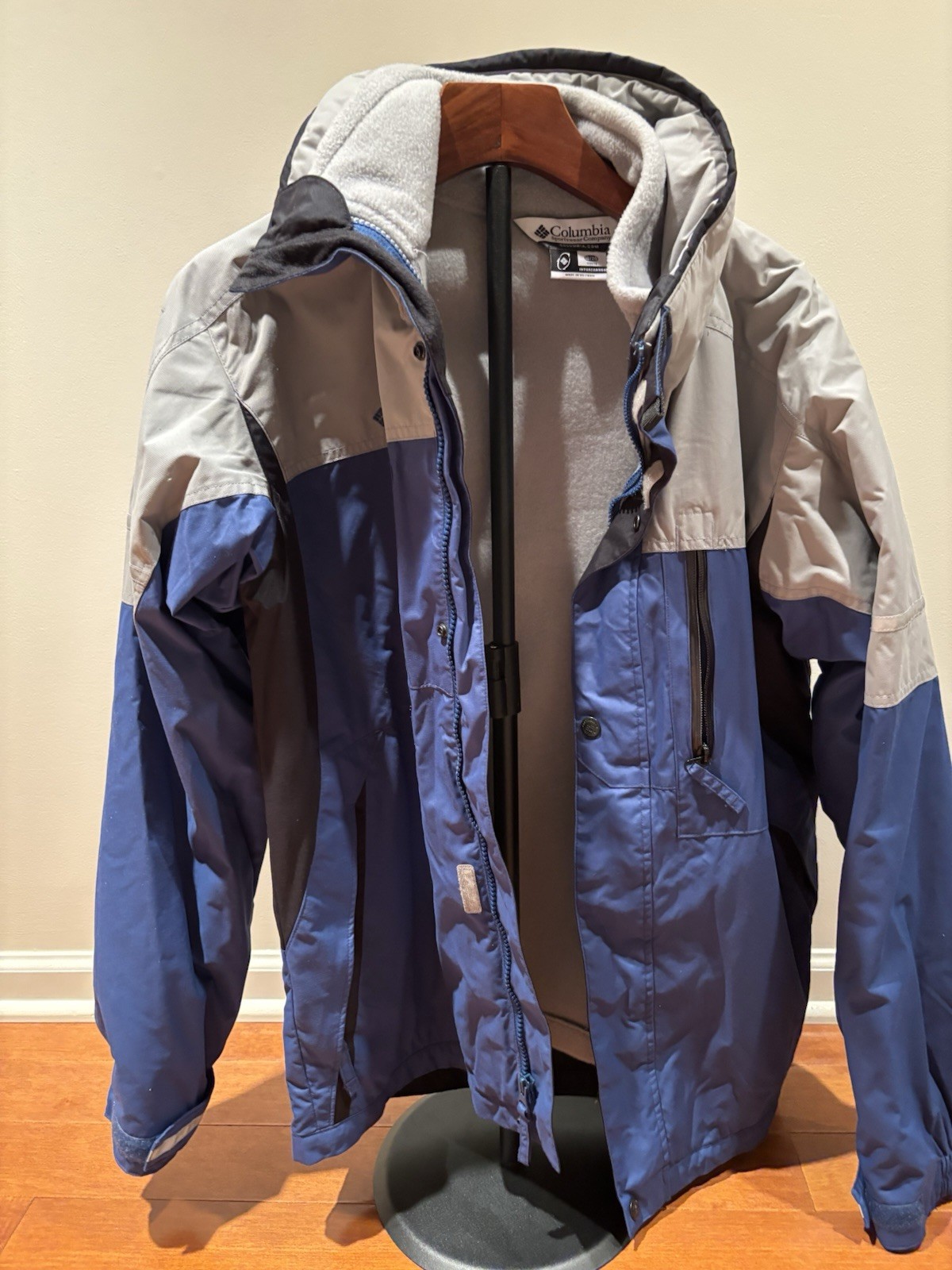 Columbia Boys Size 18/20 Interchange Jacket Blue Gray Fleece Liner Hooded Coat