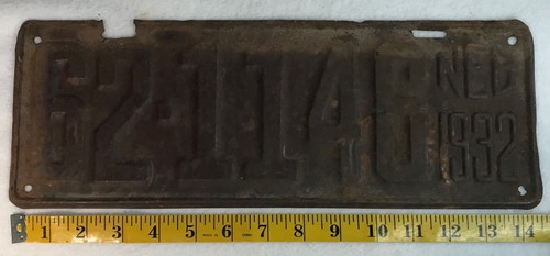 vintage 1932 Nebraska Passenger Vehicle License Plate - Greeley County 62-1146