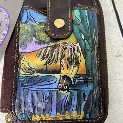 NWT  Sharif Leather Zip Around Wristlet Wallet Boho Hand Painted Horse Vintage