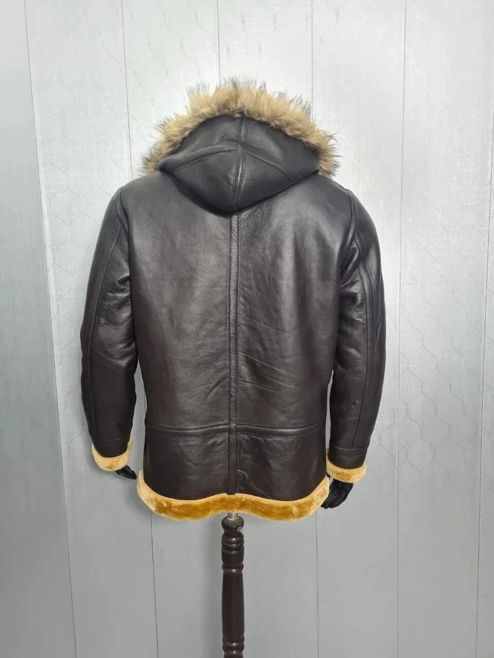 Men's B7 Hooded Real Sheepskin Coat Men Aviator Shearling Leather Coat Jacket - Image 4 of 4