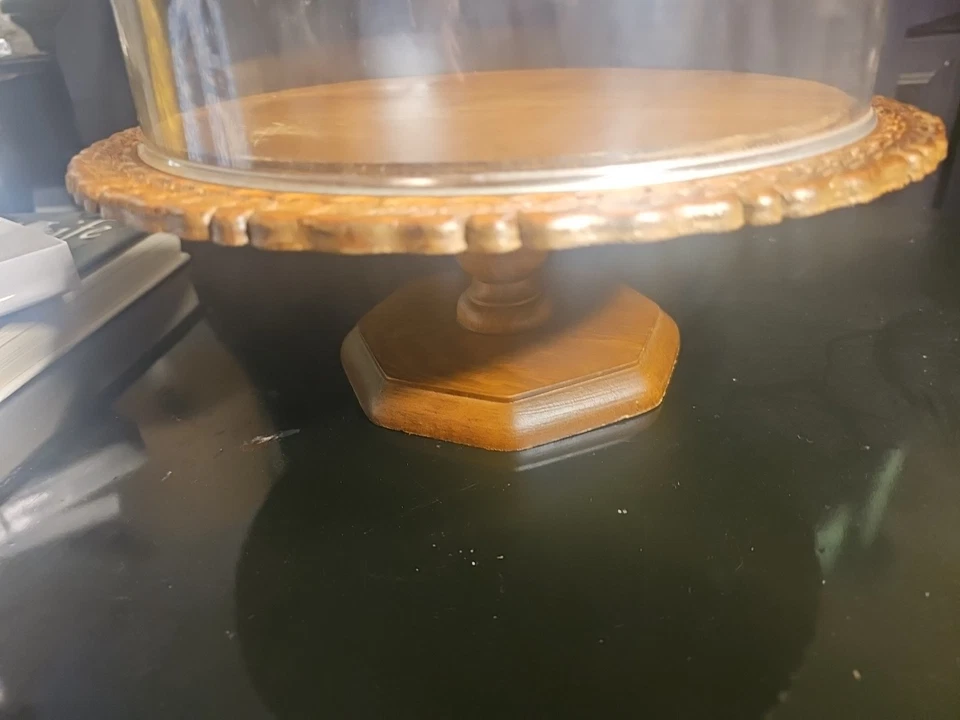 Vintage MCM Wooden Acrylic Cake Pedestal Dome Lightweight - Image 4 of 4
