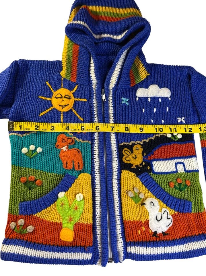 Suéter con Capucha Vintage Hecho a Mano Peruano Niños Bordado Animales Sol Lluvia 3T4T Foto 3 de 4
