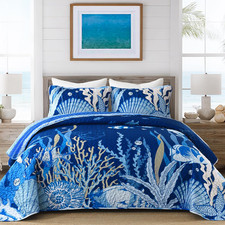 Coastal Quilt Set King Size 3 Piece, Beach Theme Pattern Quilted Blanket Thin Re