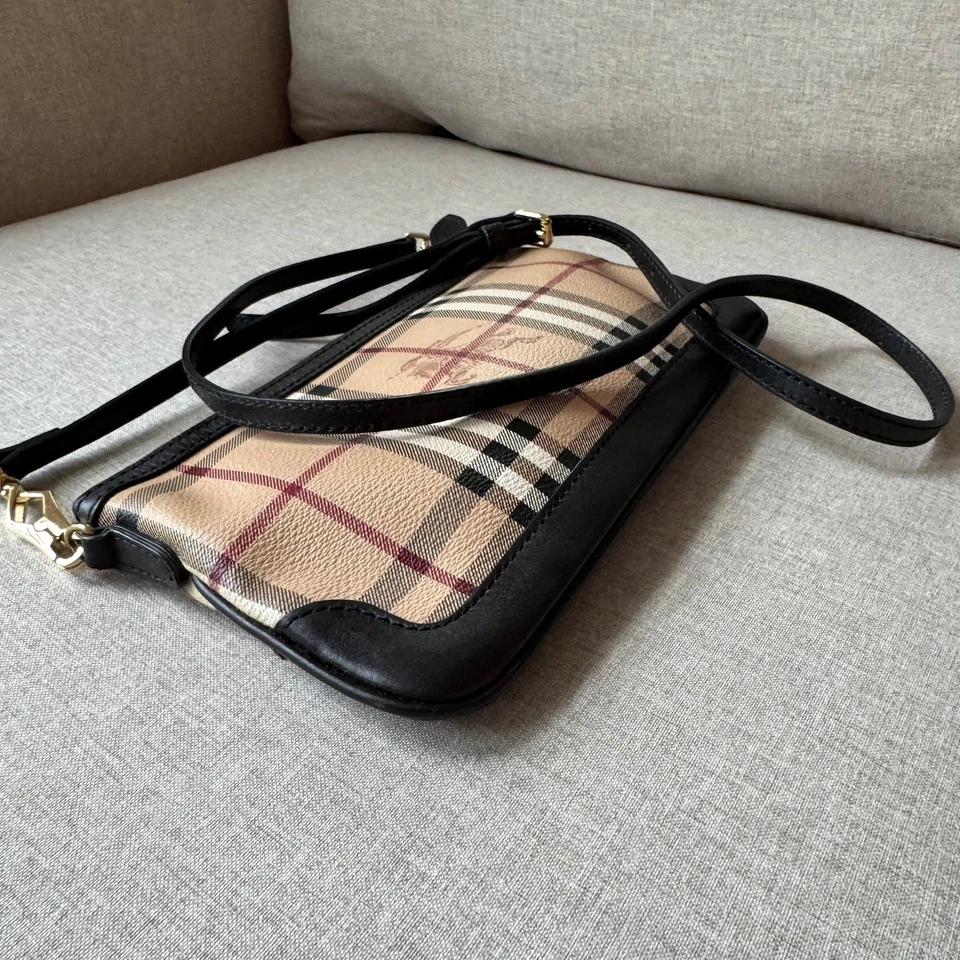Burberry Haymarket Check Brown Leather Small Peyton Crossbody Clutch Bag Nova - Image 4 of 4