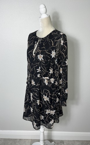 Elizabeth James Chiffon A Line Belted Dress Smocked Floral Sheer Long Sleeve L - Picture 10 of 19