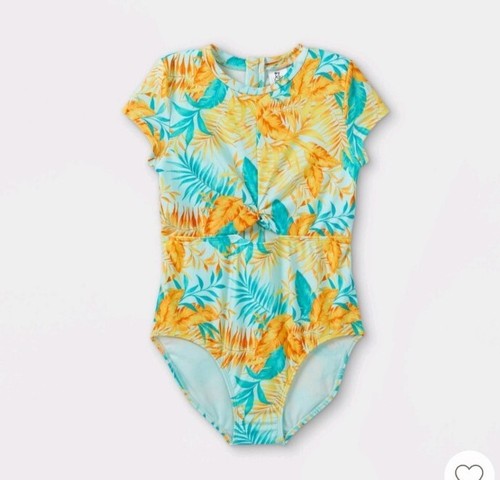 Art Class Girls 10/12 Large Leaf Print Yellow Blue Rash Guard Swimsuit - Picture 2 of 5