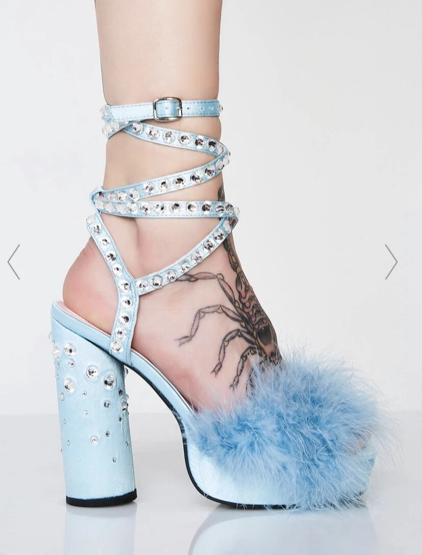 Blue fluffy heels hotsell