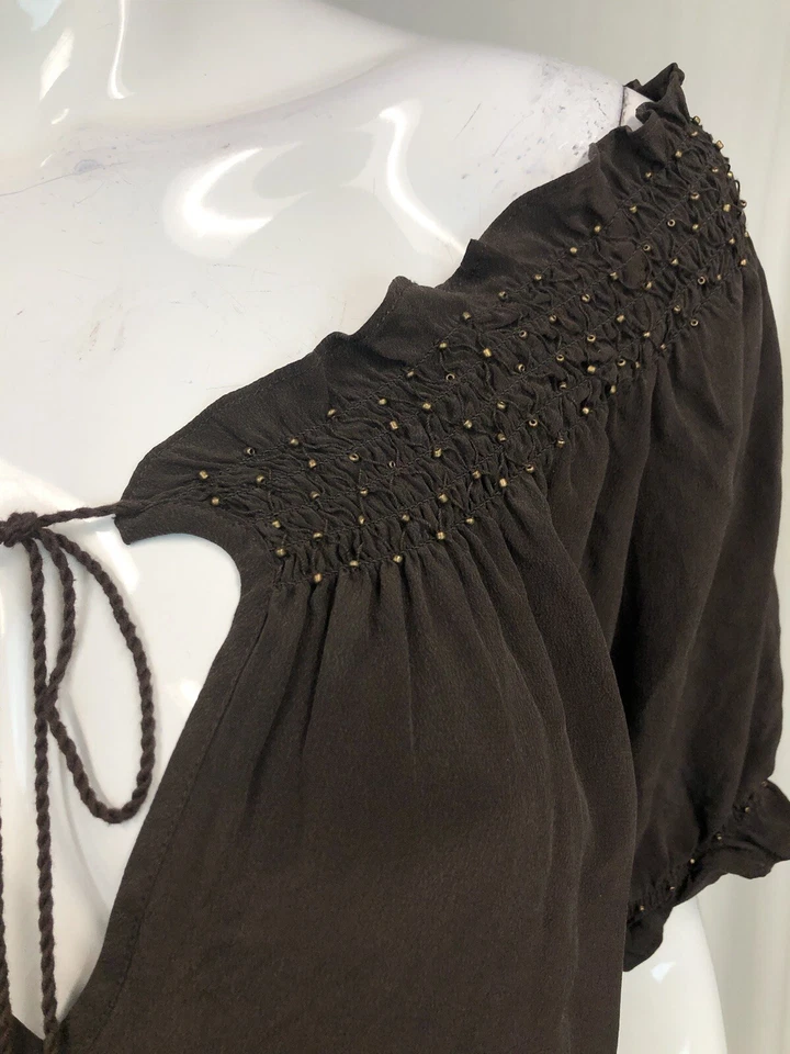 Женские Joie большой коричневый 100% шелк с плеча золото бисером туника рубашка платье - Изображение 3 из 4