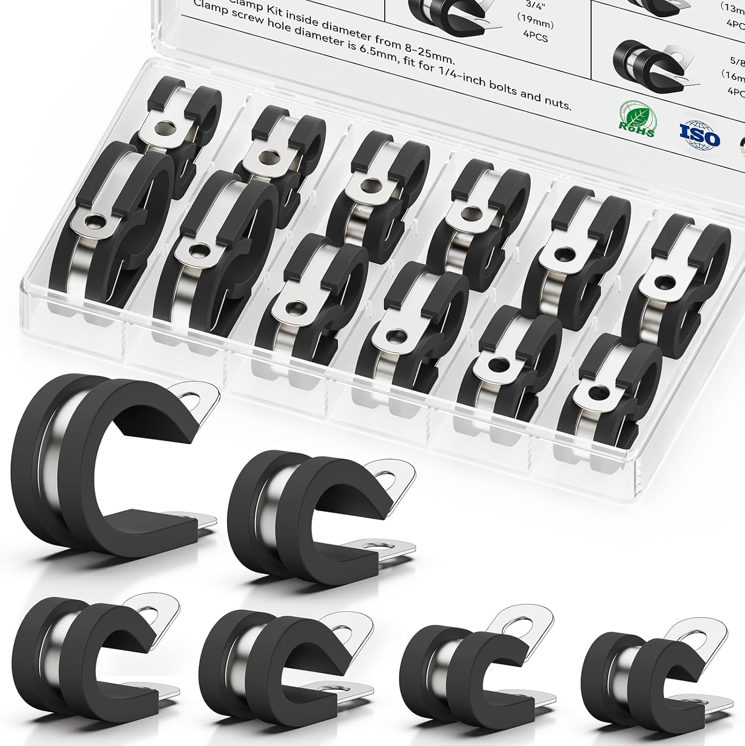Cable Clamps Assortment Kit, 24PCS Stainless Steel Rubber Cushion Pipe Clamps, 6