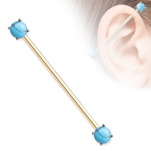 7 mm Prong Set Turquoise Rose Gold Industrial Barbell Ear Cartilage 14G - Picture 2 of 2