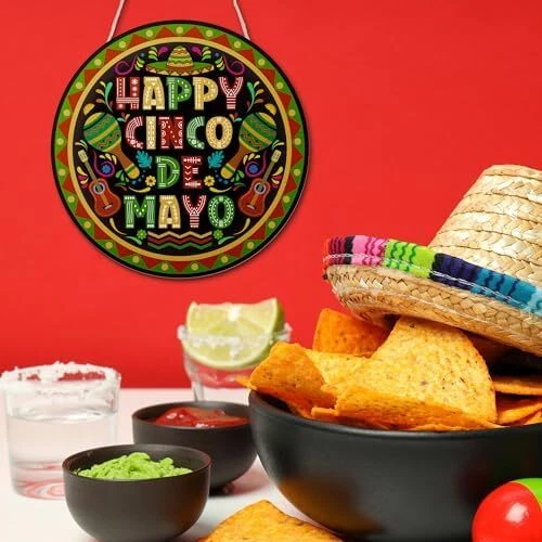 Putuo Decor Mexican Theme Party Decorations, Happy Cinco De Mayo Wood Door Sign, - Picture 6 of 7