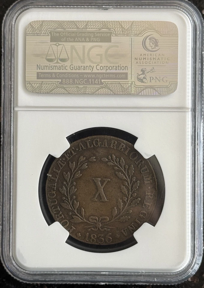 1836 Portugal 10 Reis (1/2 Vinten) Queen Maria II NGC XF 40 BN Copper Coin - Image 4 of 4