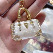White Shiny Rhinestone Enamel Keychain Purse Bag Backpack Pendant Women Gift