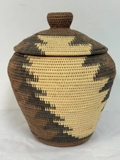 Zulu Basket Handmade Traditional Storage w/ Lid African 8" H Authentic Tri Tone