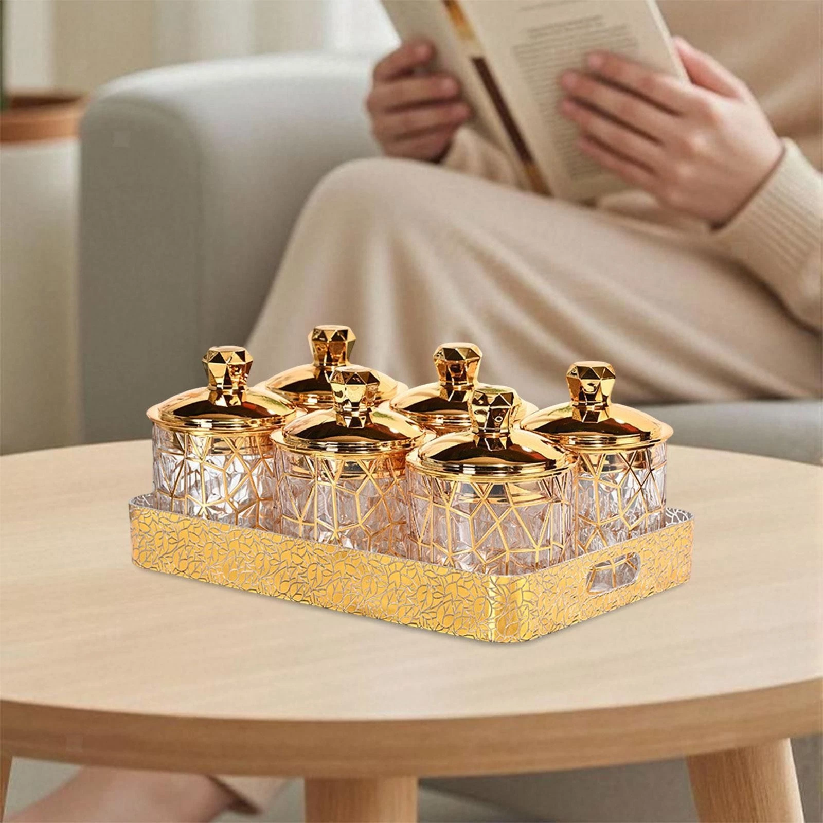 6Pcs Canisters Storage Containers Nordic Decorative Transparent Gold with Tray