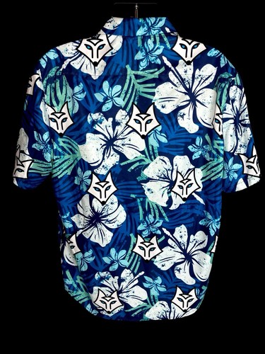 Hidden Crypto Fox Hawaiian Floral Blue White Polyester Button Down Shirt Mens XL - Picture 5 of 7