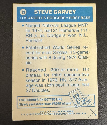 Steve Garvey 1977 Topps Cloth Stickers #19 - Los Angeles Dodgers - Picture 2 of 2
