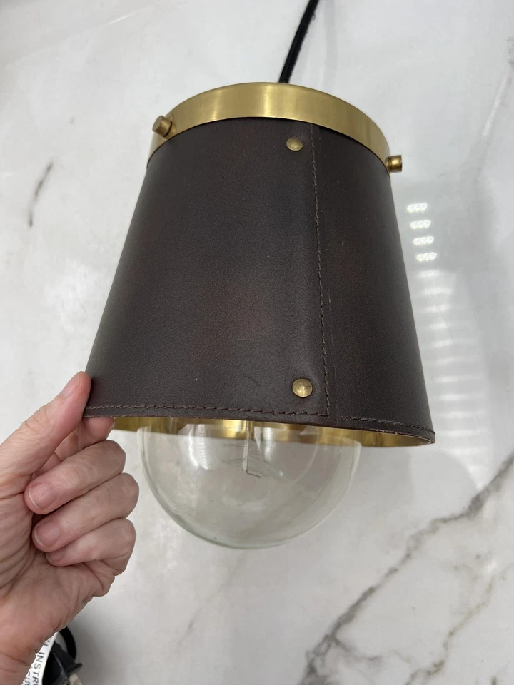 Brass Plug-In Swing Arm Wall Sconce Leather Shade Adjustable Modern Glass Globe - Image 2 of 4