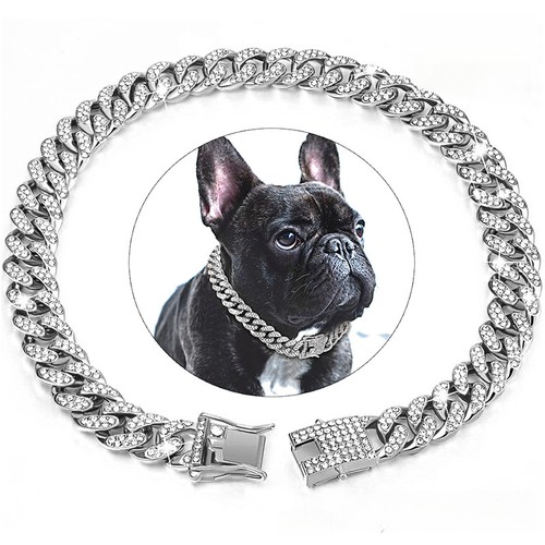 Pet Dog Collar Chain Metal Shiny Diamond Pet Puppy Necklace for Bulldog 13mm  - Picture 5 of 14