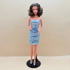 Vintage custom Barbie Brunette Metallic Blue Ruched Mini Dress Pearl Necklace