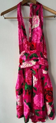 VTG Flora Kung 100% Silk Halter Dress Pink Floral Rose Print Size 8 Medium