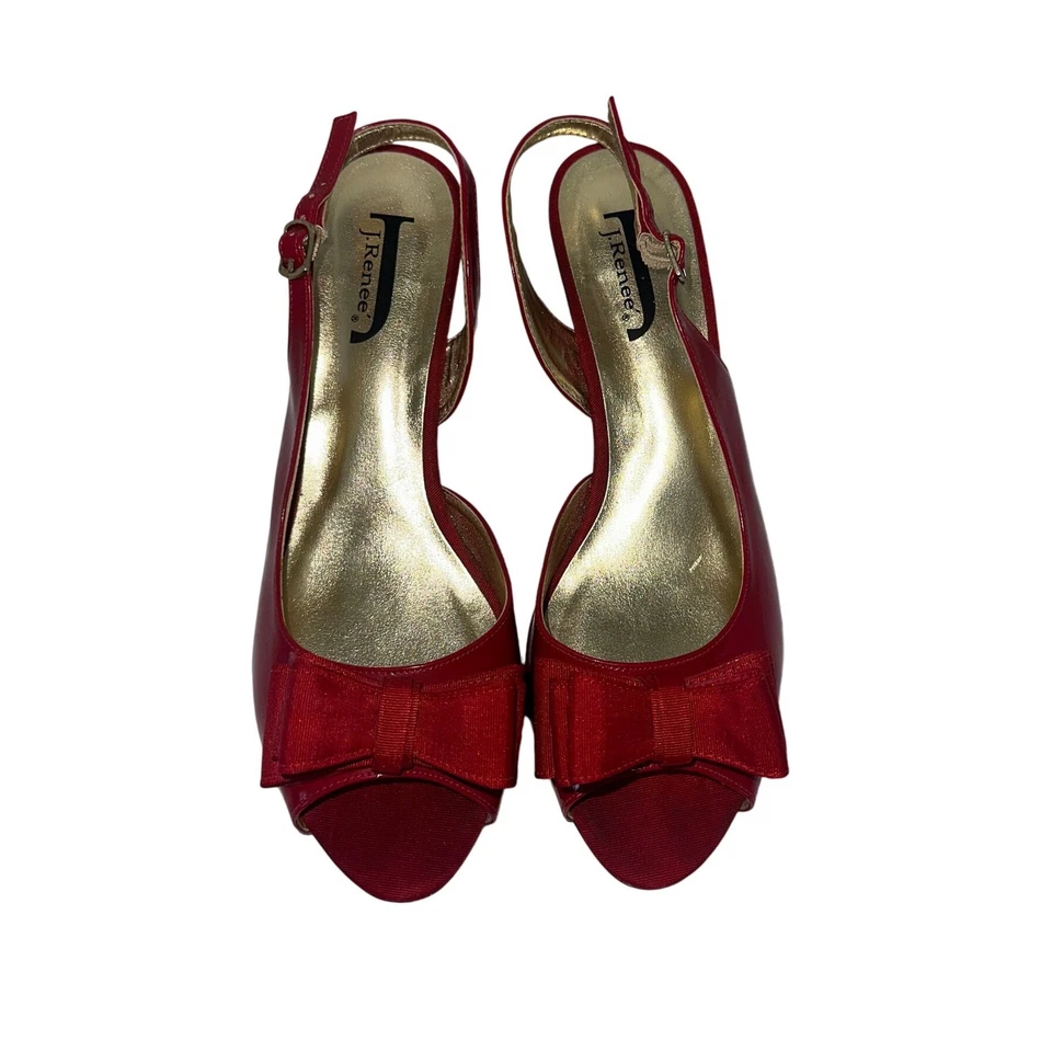 J. Renee Krissie 红色专利露背蝴蝶结露趾楔形鞋跟 9M 码 — 第 2/4 张图片