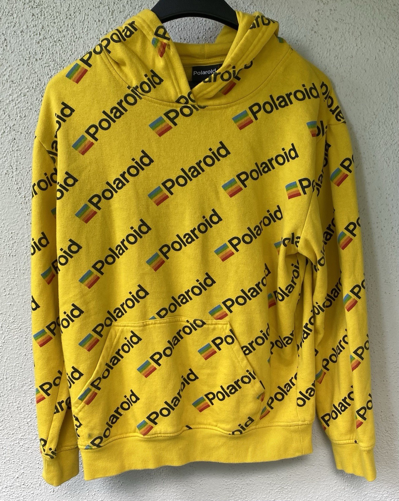 Polaroid Yellow Fleece Pullover Hoodie Drawstring Graphic Logo Pockets Men's S