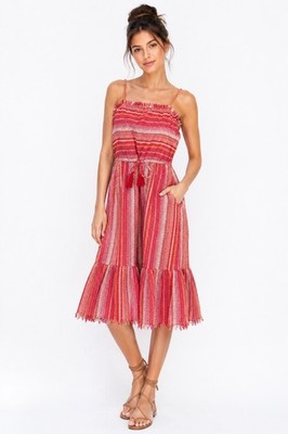 Greylin Anthropologie Womens Cotton Striped Raw Hem Sun Dress Red Size XS