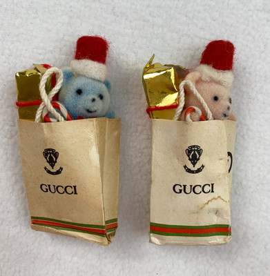 Are of 2 Rare VTG Gucci Mini Bear & Gifts Shopping Bag Ornaments Pink Blue