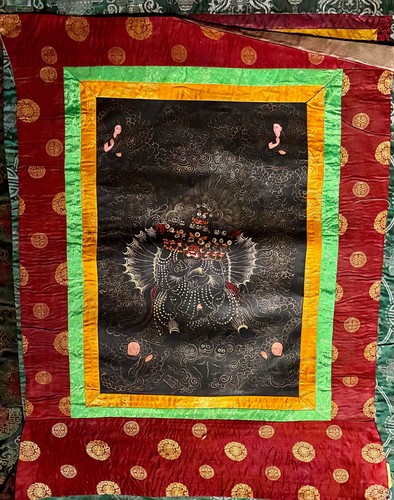 tibetan buddhist thangka painting, hand painted on cloth with silk border 27x36 