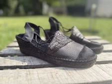 Women 39 Shoes Toni Pons Slingback Espadrille Wedge Sandal Black Metallic Shine