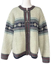 Vintage Eagle's Eye Sweater Womens XL Blue Cream Nordic Wool Cardigan Hooks 90s