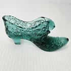 Fenton Art Glass Emerald Green Cat Head Slipper Shoe Daisy Button Pattern 5"