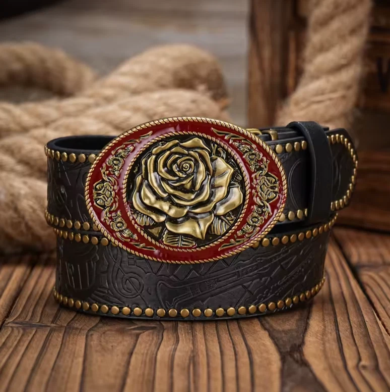 Cinturón con hebilla Western Rose vintage - 120 cm | Estilo cuero en relieve | Resistente Foto 3 de 4