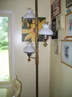 Vintage 60's Tension Pole Lamp 3 lights Hobnail Milk Glass Shades & Chimneys