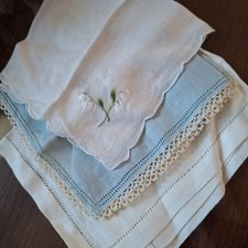 3 Vtg White Blue floral embroidered tatting hanky handkerchief Wedding Grandma