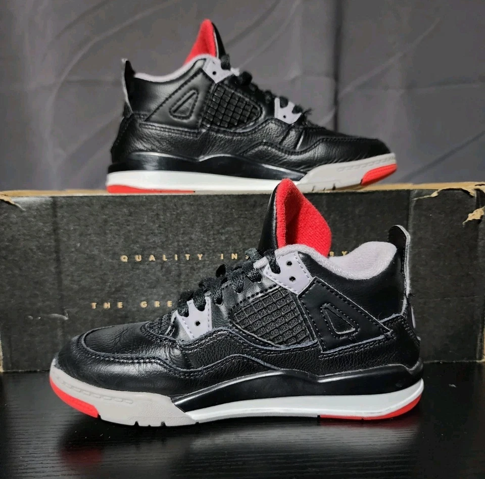 Nike Air Jordan 4 Retro Bred Shoes Youth Size 13C - BQ7669-006 - Image 2 of 4