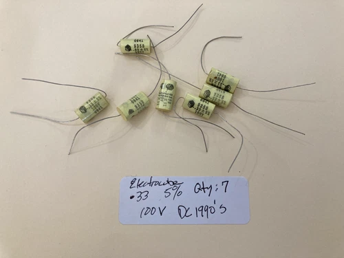 Lot of 7 .33uF 100V Axial POLYESTER TONE/AUDIO film Electrocube CAPACITORS NOS