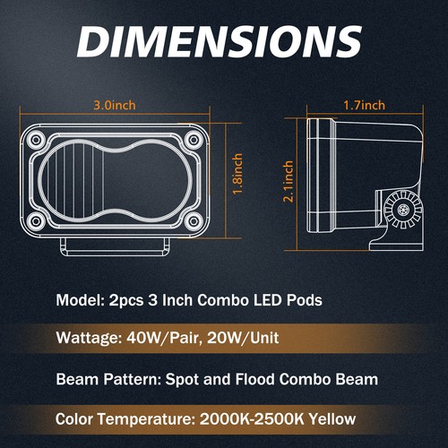 2x 3inch LED Cube Pods Work Light Bar Spot Flood Driving Fog Amber Offroad SUV - Picture 6 of 10