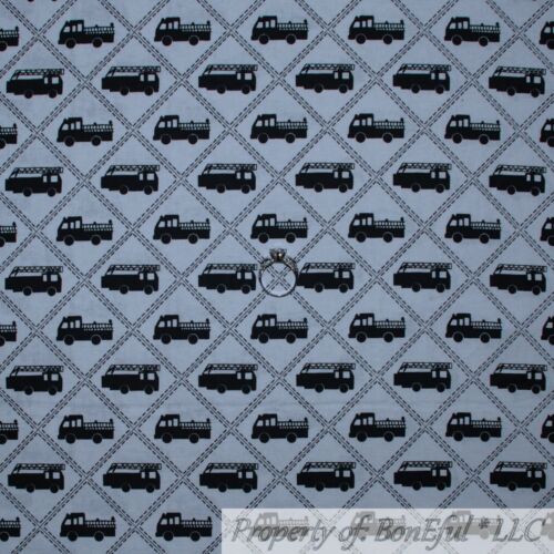 BonEful Fabric FQ Cotton Quilt Gray Black Fire Truck Engine Baby Boy Rescue 911 - Picture 1 of 12