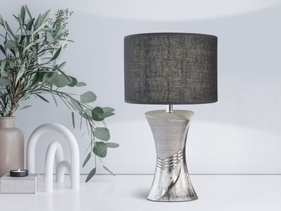 Große Schlafzimmer Nachttischlampe mit Keramikfuß & Leinen Lampenschirm Grau