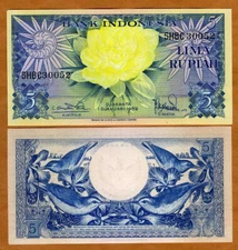 Indonesia, 5 Rupiah, 1959, P-65, UNC Flower, Birds