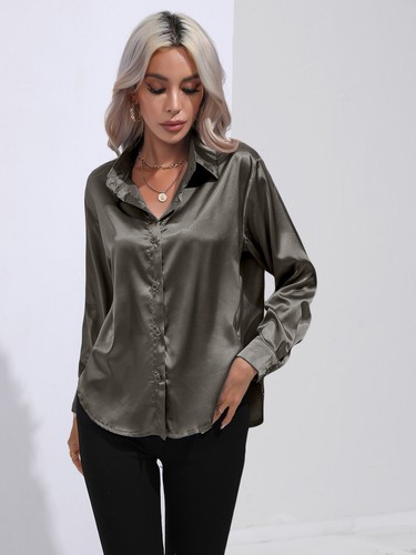 Elegant Women Satin Shirt Solid Color Long Sleeve Blouse Casual Button Down Tops - Picture 110 of 117
