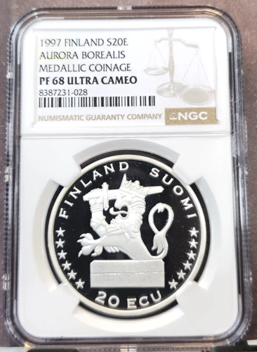 1996 FINLAND SILVER 20 EURO AURORA BOREALIS NGC PF 68 ULTRA CAMEO RARE GEM PROOF