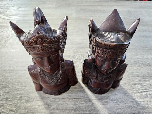 Carved Balinese Bust of Man Woman Pair Bali Wood Carving Sculptures Indonesian - Picture 4 of 20