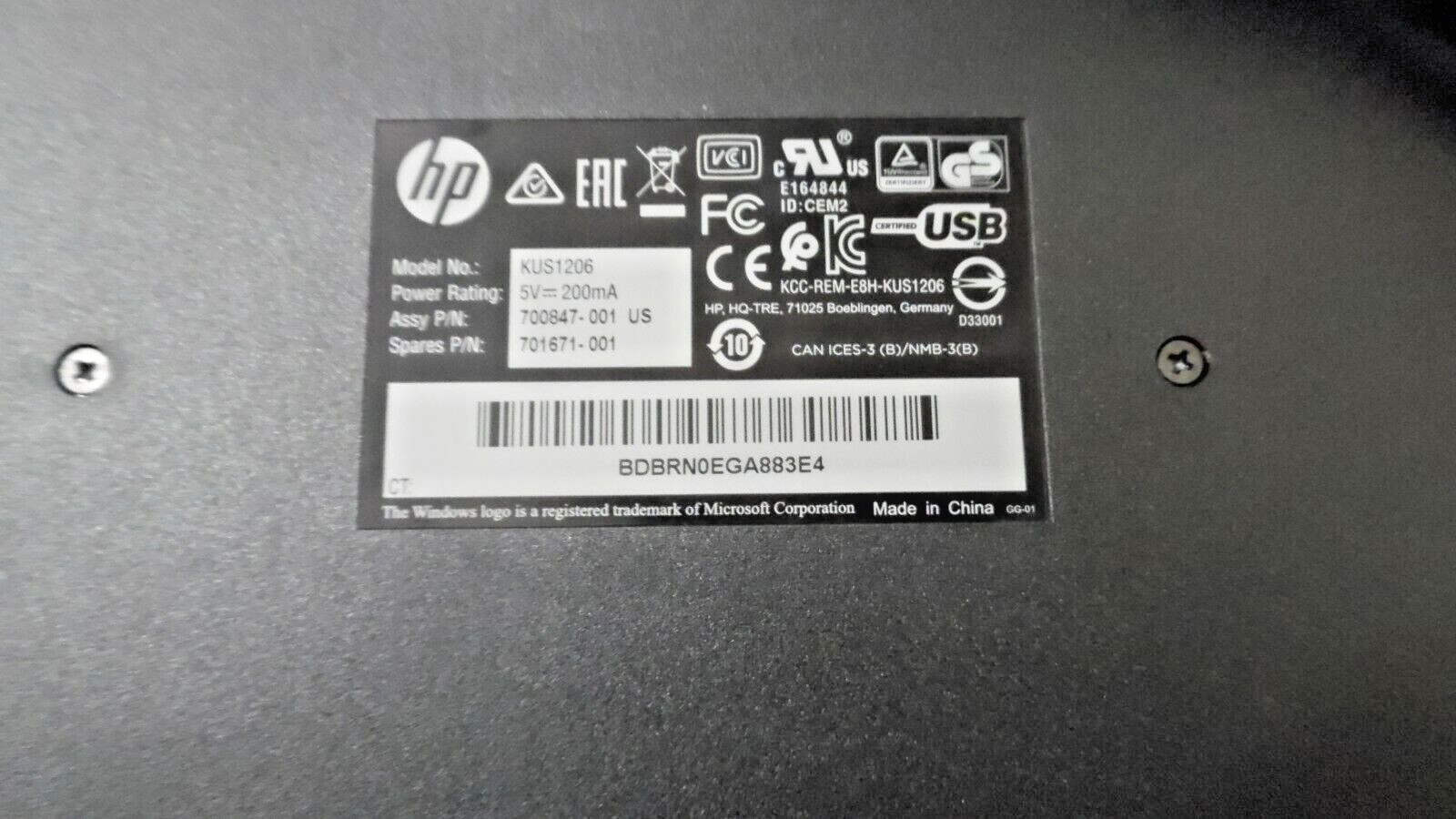 HP USB Keyboard-BLACK for DESKTOP PC (KUS1206 with Smart Card Terminal) TESTED